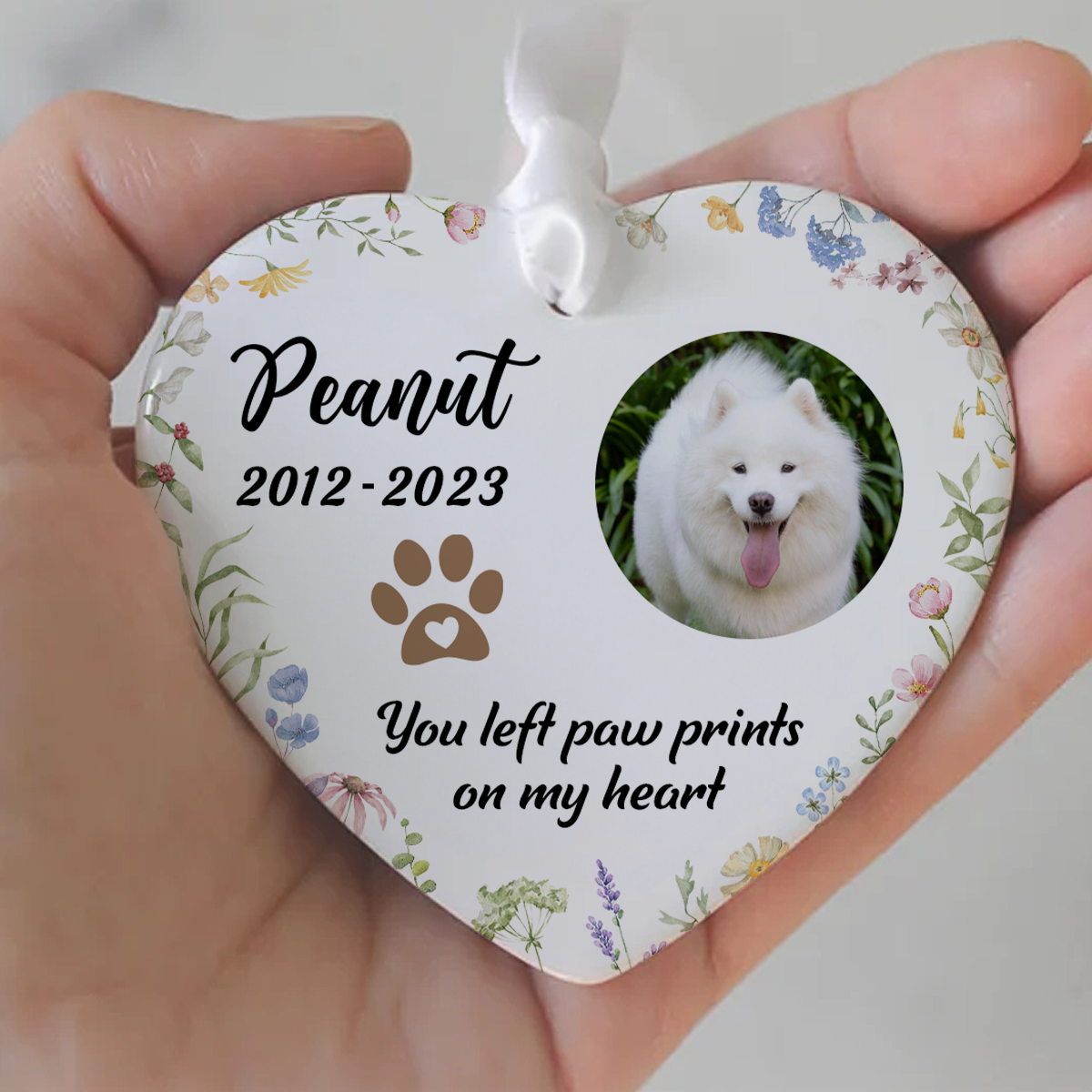 You Left Paw Prints On Our Hearts Personalized Ceramic Heart Ornament, Custom Photo Pet Memorial Gift, Dog Memorial, Cat Memorial