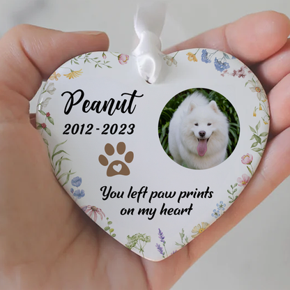 You Left Paw Prints On Our Hearts Personalized Ceramic Heart Ornament, Custom Photo Pet Memorial Gift, Dog Memorial, Cat Memorial