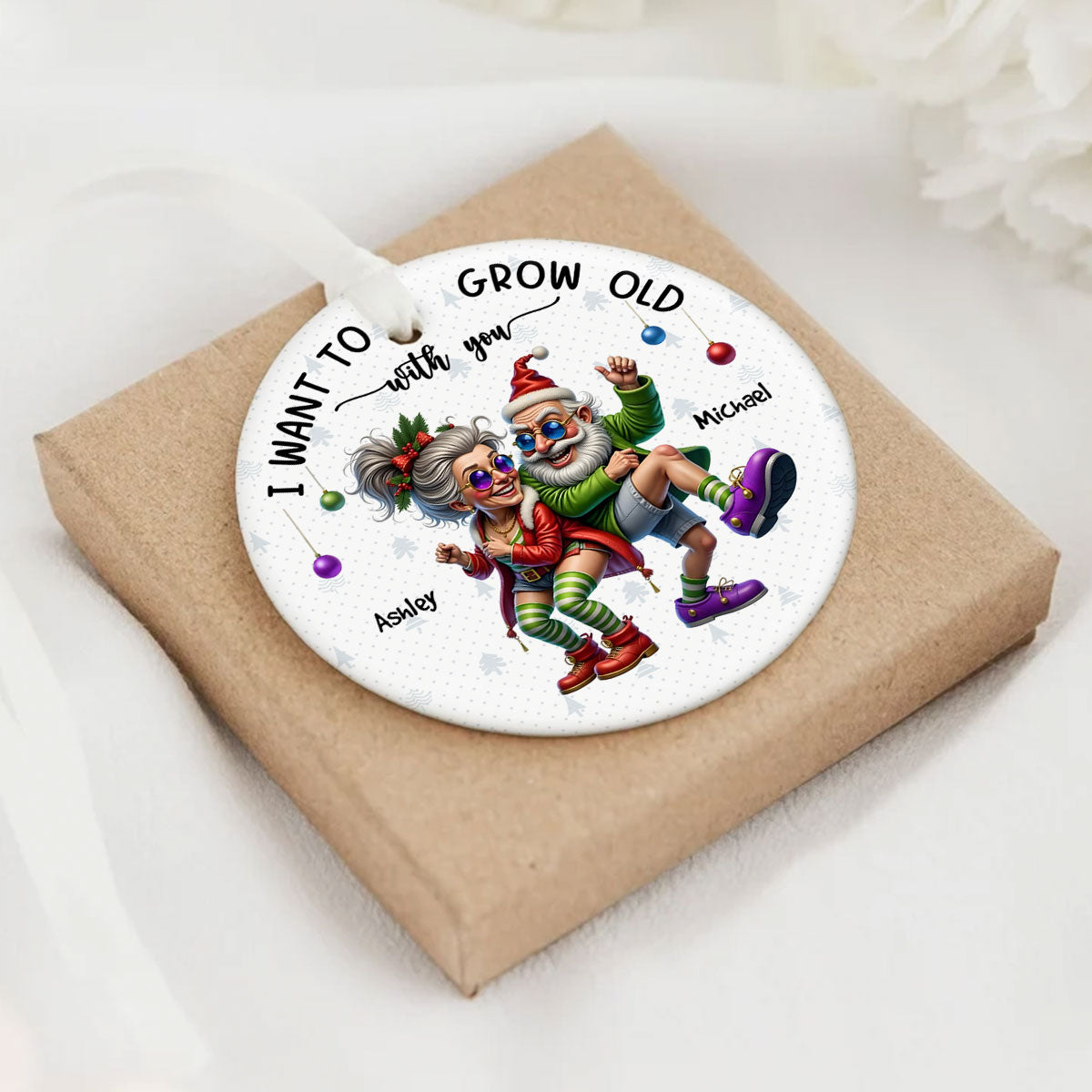 Funny Elderly Couple Christmas Party Whimsical Holiday Personalized Ceramic Ornament