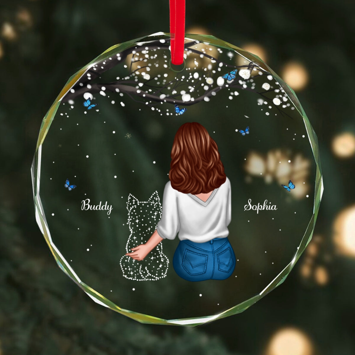 Blossom Branch Butterflies Dog Memorial Keepsake Sympathy Gift Personalized Glass Ornament