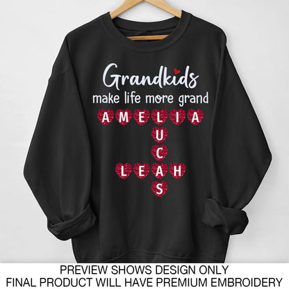 Grandkids Make Life More Grand Crossword Puzzle Art Personalized Glitter Embroidery Sweater, Heartfelt Gift For Grandma