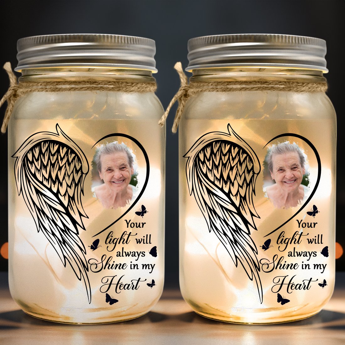 Memorial Gifts - Your Light Will Always Shine In My Heart - Personalized Mason Jar Photo Light - The Next Custom Gift