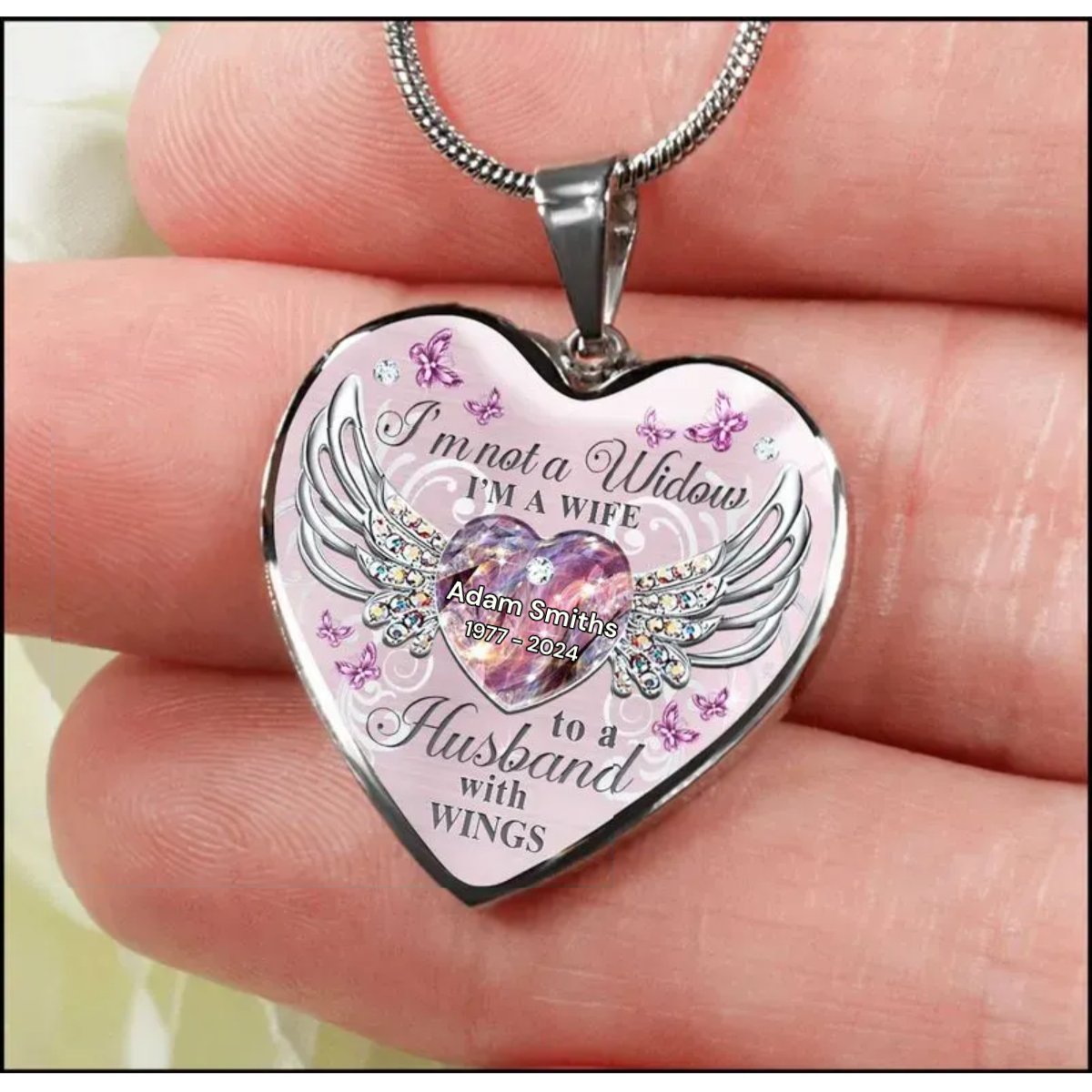 Memorial - Memorial Butterfly My Husband Has Wings - Personalized Heart Necklace - The Next Custom Gift