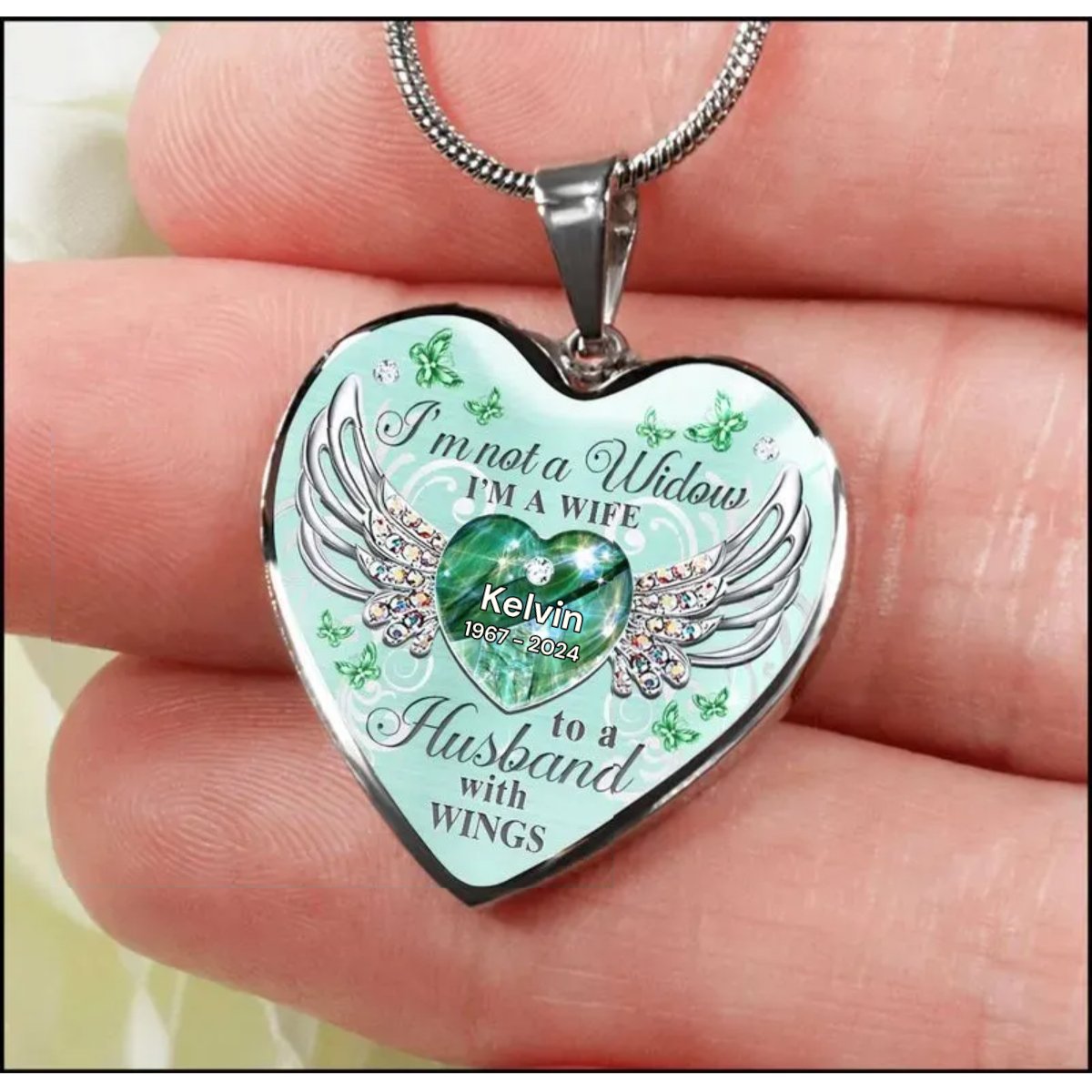 Memorial - Memorial Butterfly My Husband Has Wings - Personalized Heart Necklace - The Next Custom Gift
