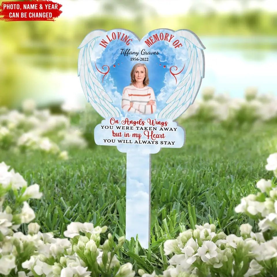 Memorial - On Angels Wings You Were Taken Away - Personalized Garden Solar Light, Plaque Stake - The Next Custom Gift