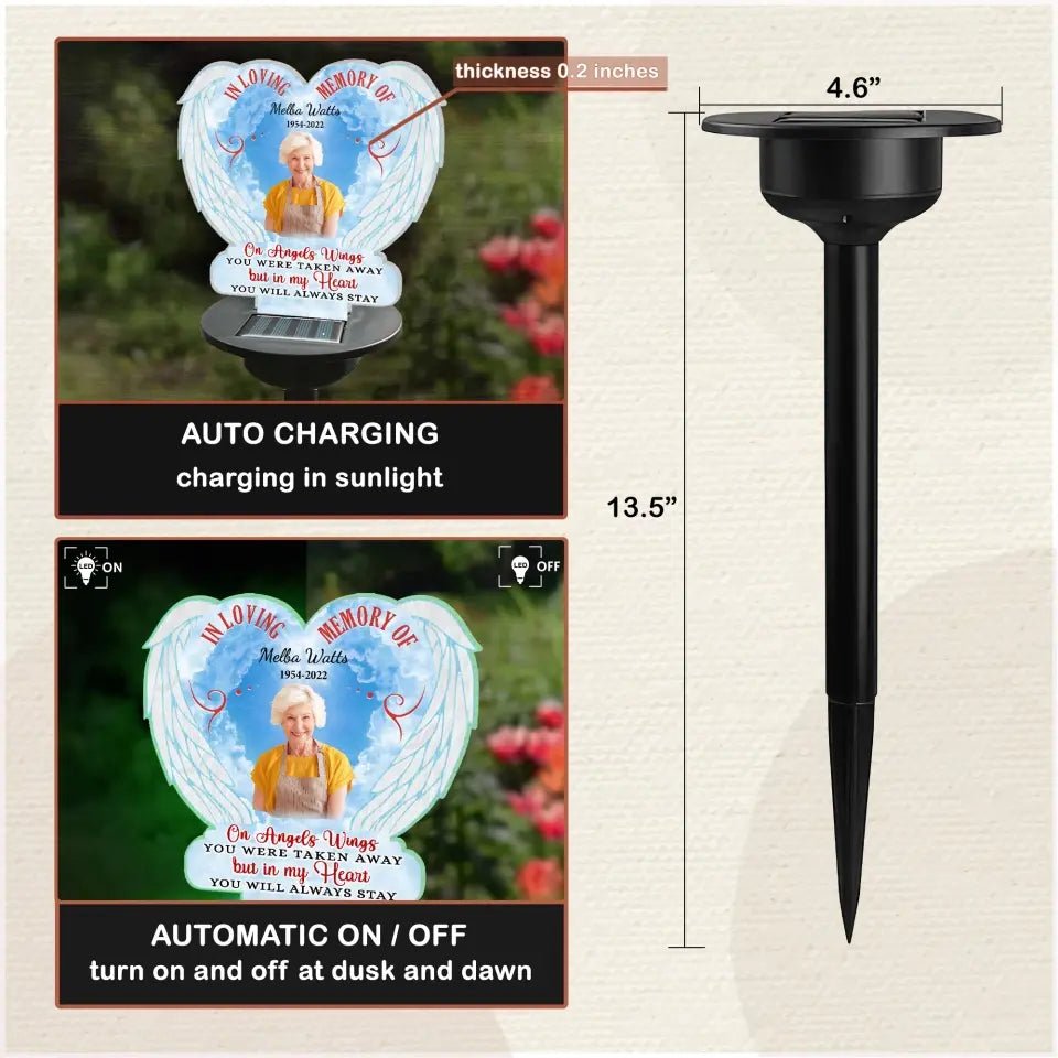 Memorial - On Angels Wings You Were Taken Away - Personalized Garden Solar Light, Plaque Stake - The Next Custom Gift