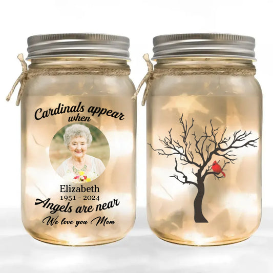 Memorial - We Love Mom, Cardinals Appear When Angels Are Near - Personalized Mason Jar Light (HJ) - The Next Custom Gift