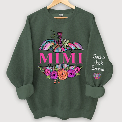 Personalized Mimi Painted Pumpkin And Grandkids Autumn Sweatshirt