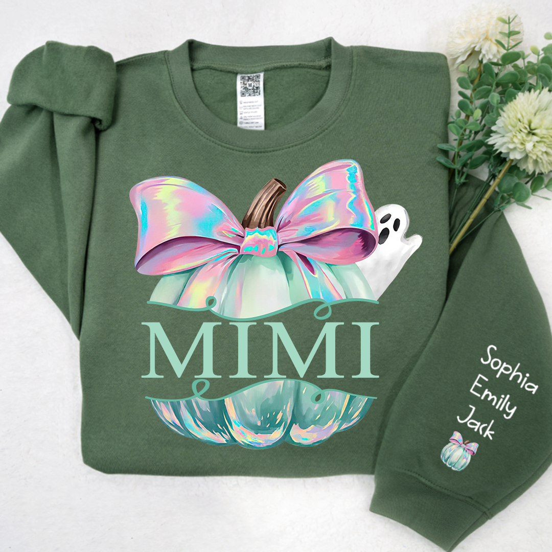 Personalized Mimi Pumpkin Iridescent Peeking Ghost With Grandkids Halloween Sweatshirt