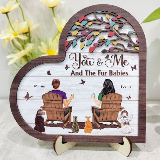 You And Me And The Fur Babies - Gift For Pet Couples - Personalized 2-Layered Wooden Plaque With Stand