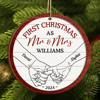 First Christmas As Mr & Mrs Couple Holding Hands - Personalized 2-Layered Wooden Ornament