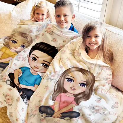 Personalised Cute Floral Cartoon Character Soft Throw Blanket with Multiple Names Home Decor Birthday Christmas Gift for Kids Family