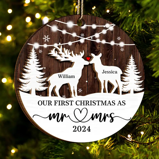 Deer Couple Our First Christmas As Mr. & Mrs. - Personalized Wooden Ornament