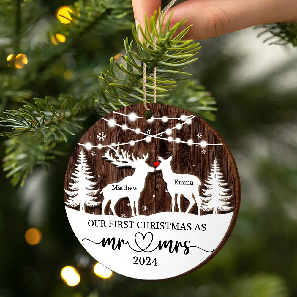 Deer Couple Our First Christmas As Mr. & Mrs. - Personalized 2-Layered Wooden Ornament