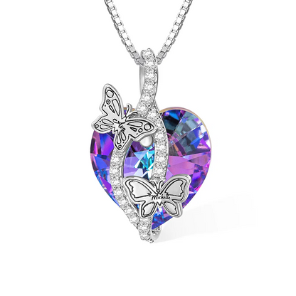 Personalised Butterfly Pendant Zircon Necklace Adorned with Heart Crystal Engraved Name Gift for Woman