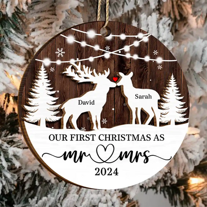 Deer Couple Our First Christmas As Mr. & Mrs. - Personalized Wooden Ornament