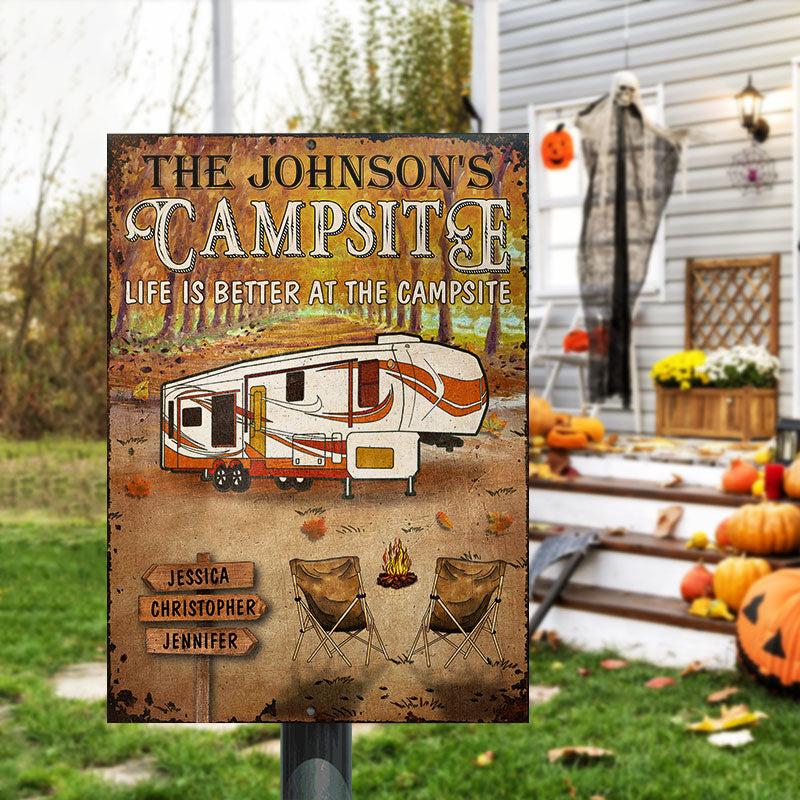 Personalized Fall Camping Life Is Better At The Campsite Custom Classic Metal Signs, Fall Campsite, Camping Outdoor Decoration, Autumn Camping Outdoor Gift