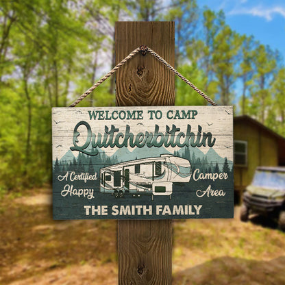 Personalized Camping Quitcherbitchin Happy Camper Area Custom Wood Rectangle Sign, Camping Outdoor Decor