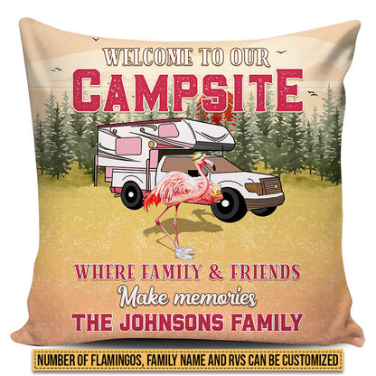 Camping Flamingo Bestie Welcome To Our Campsite Custom Pillow, Personalized Camping Gift