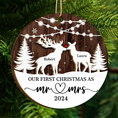 Deer Couple Our First Christmas As Mr. & Mrs. - Personalized Wooden Ornament