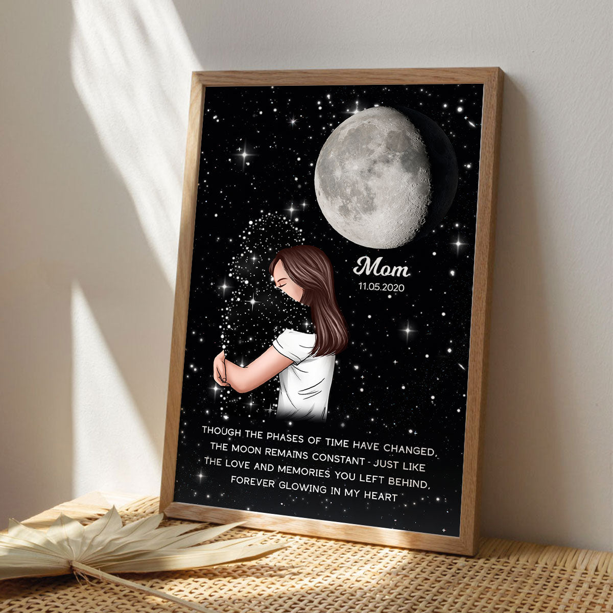 Lost Loved One Woman Hugging Moon Phase Galaxy Art Memorial Sympathy Gift Personalized Poster