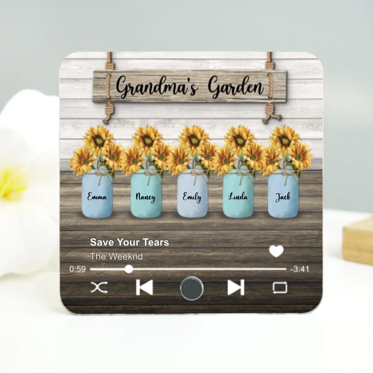 Grandma Garden Sunflower Vase Personalized Music Fridge Magnet, Heartfelt Mother's Day Gift for Grandma, Mom