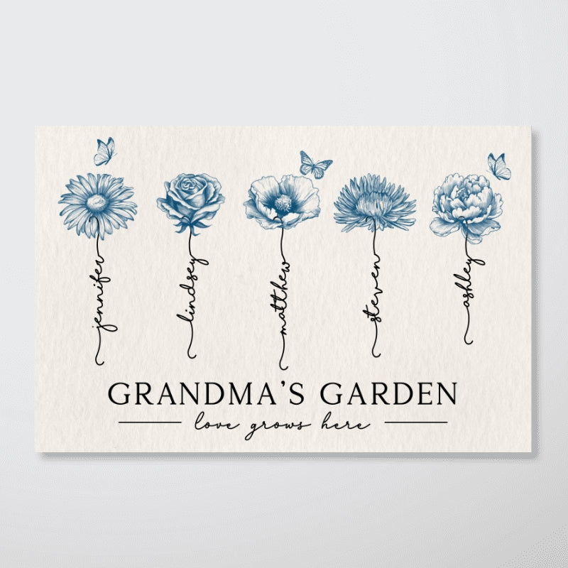 Grandma's Garden Love Grows Here Blue Vingtage Birthmonth Flowers Personalized Poster, Grandkids Names Floral Gift
