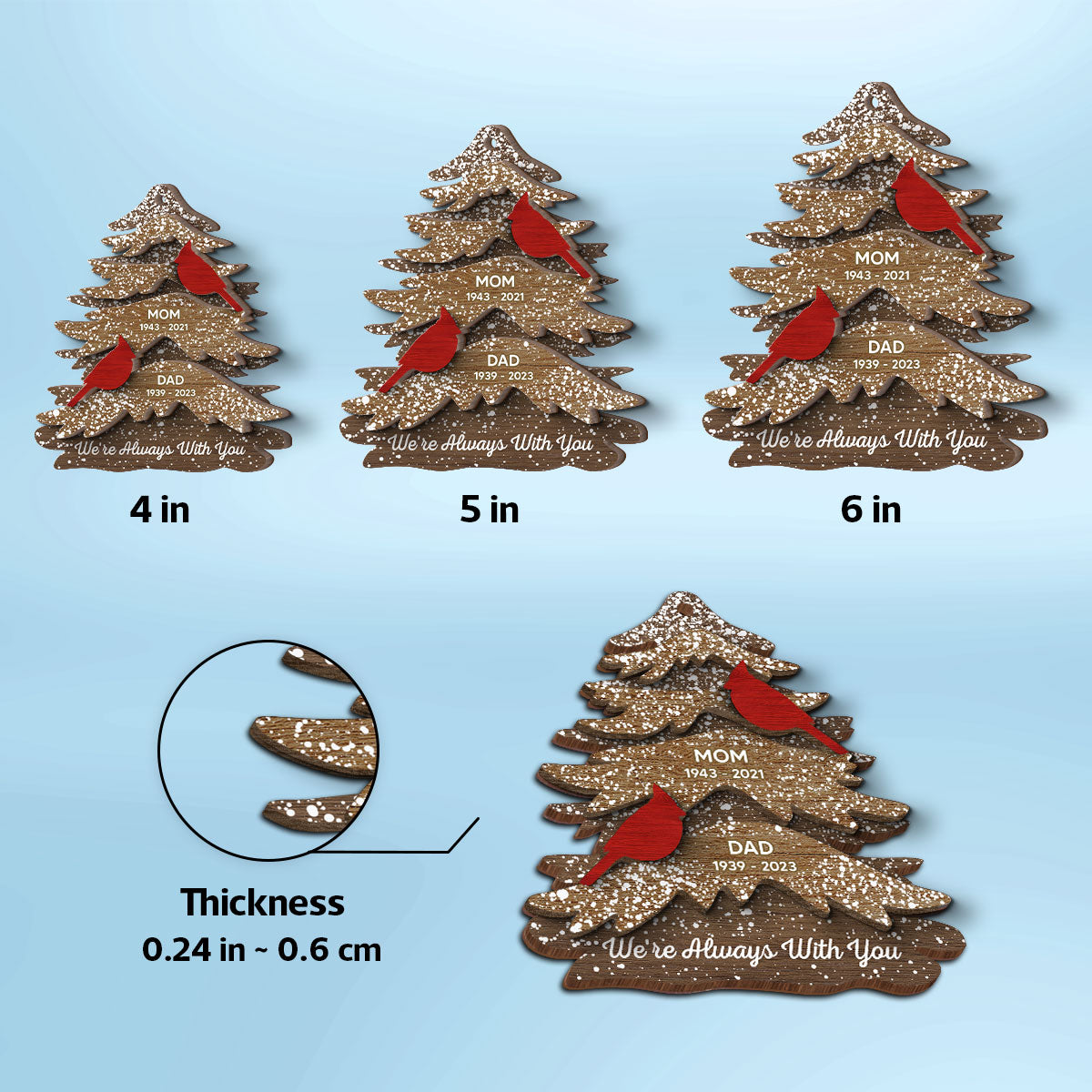 Cardinals Always With You Memorial Christmas Personalized 2-Layer Wooden Ornament, Christmas Decor, Sympathy Gift, Remembrance Gift