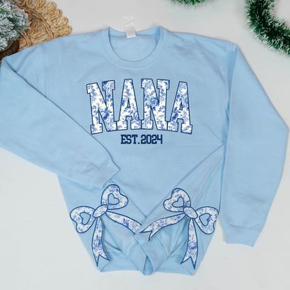 Personalize Nana Est, Floral Applique Embroidered Embroidered Bow Embellished Sweatshirt– Custom Side Bow Cut-Out Sweatshirt