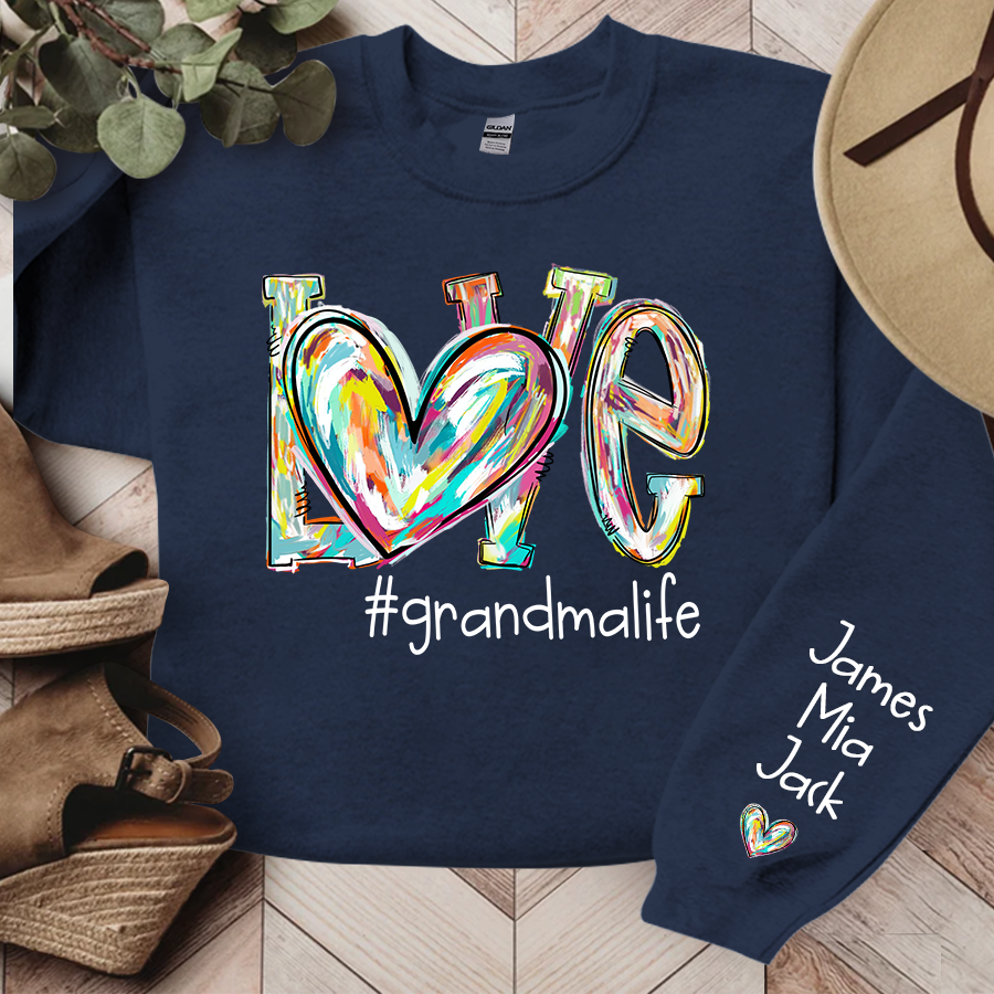 Love Grandma Life Color Clipart Custom Sweatshirt, Custom Grandmalife With Kids Names On Sleeve Sweatshirt