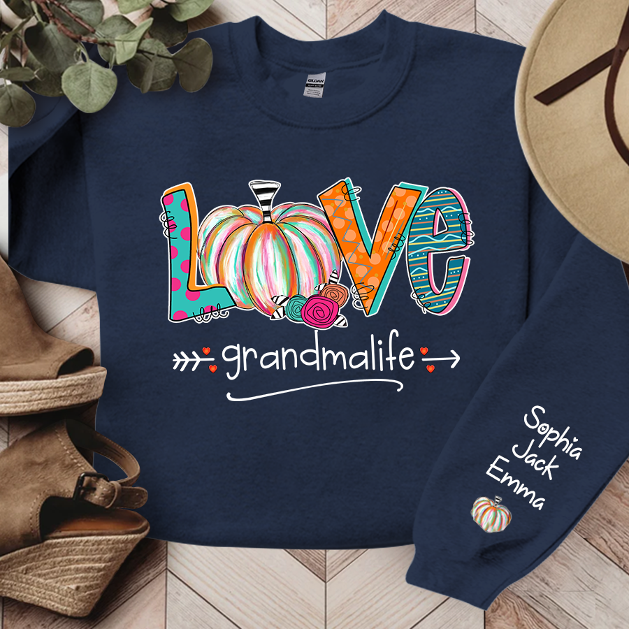 Love Grandma Life Pumpkins Grandkids Name Sweatshirt