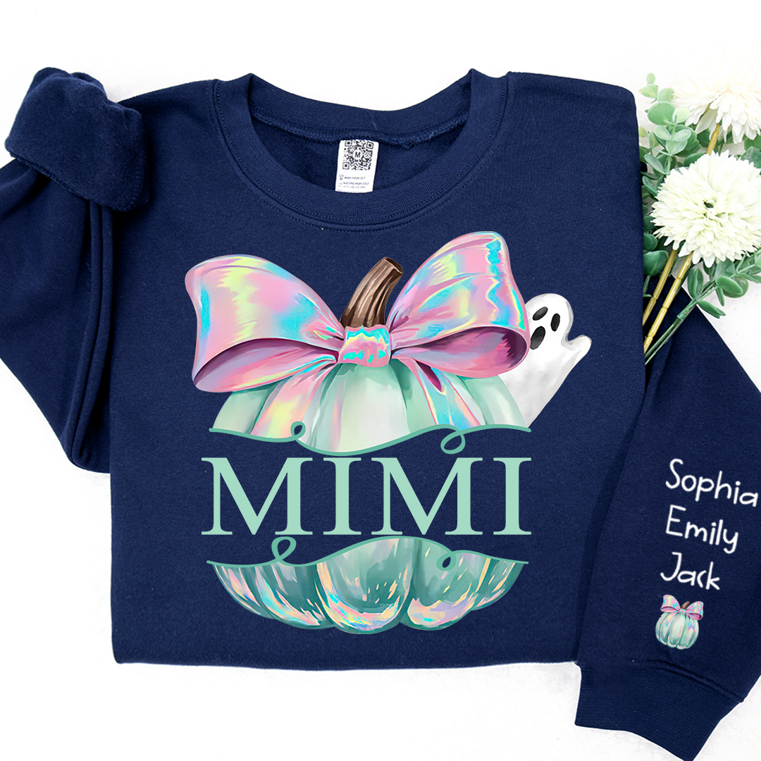 Personalized Mimi Pumpkin Iridescent Peeking Ghost With Grandkids Halloween Sweatshirt