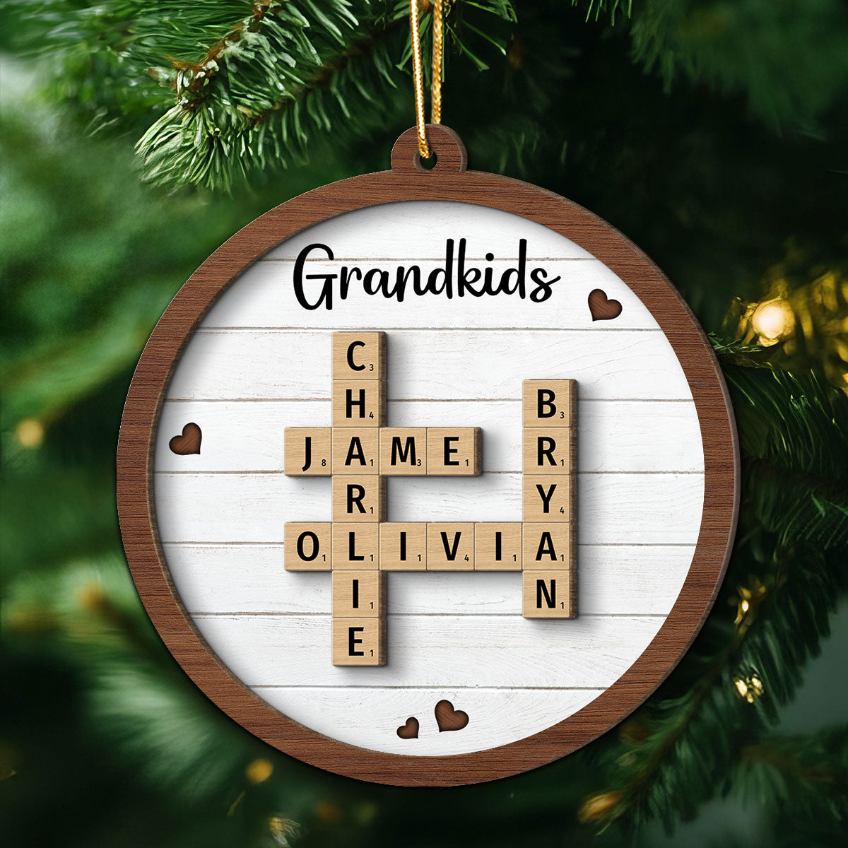 Grandkids Crossword Puzzle Art - Personalized Wooden Ornament