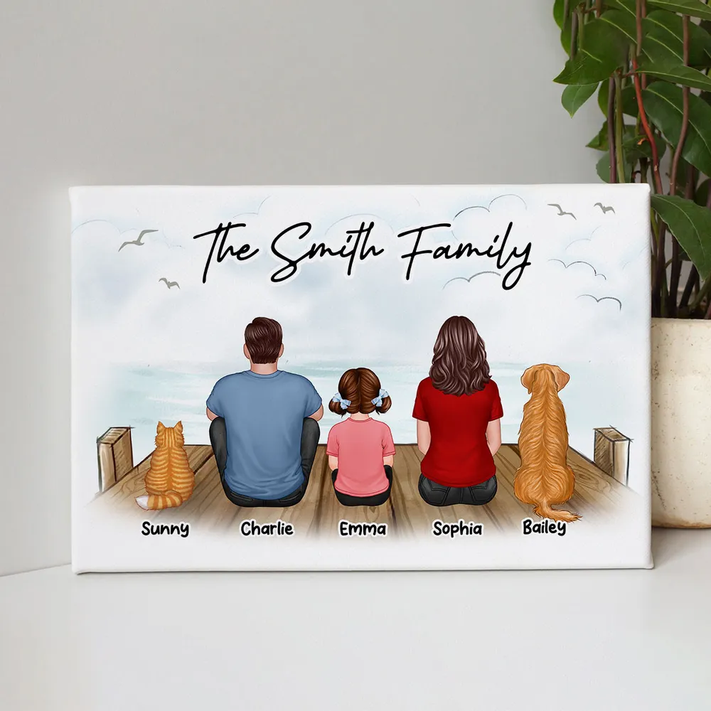 Family Dad Mom Kids Dogs Cats Sitting On The Bridge Personalized Canvas