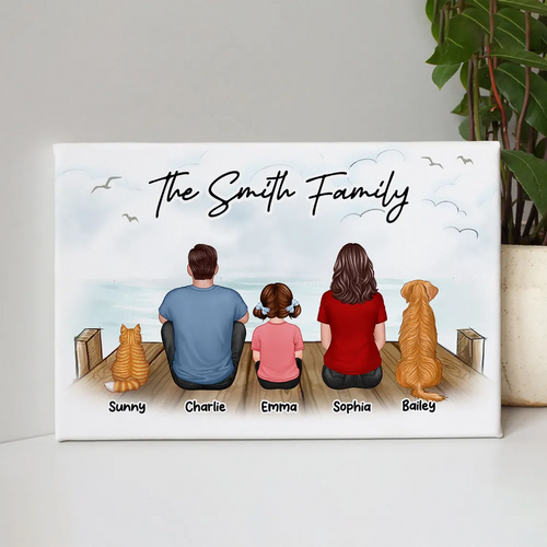 Family Dad Mom Kids Dogs Cats Sitting On The Bridge Personalized Canvas