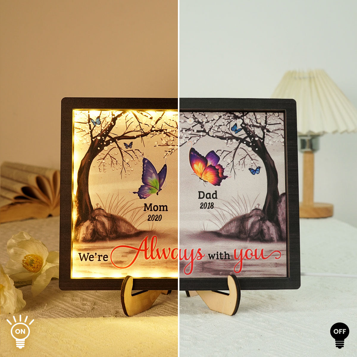 I Am Always With You Cardinals Butterflies Blossom Tree Memorial Personalized 2-Layered Wooden Plaque With LED