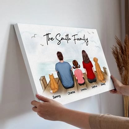 Family Dad Mom Kids Dogs Cats Sitting On The Bridge Personalized Canvas