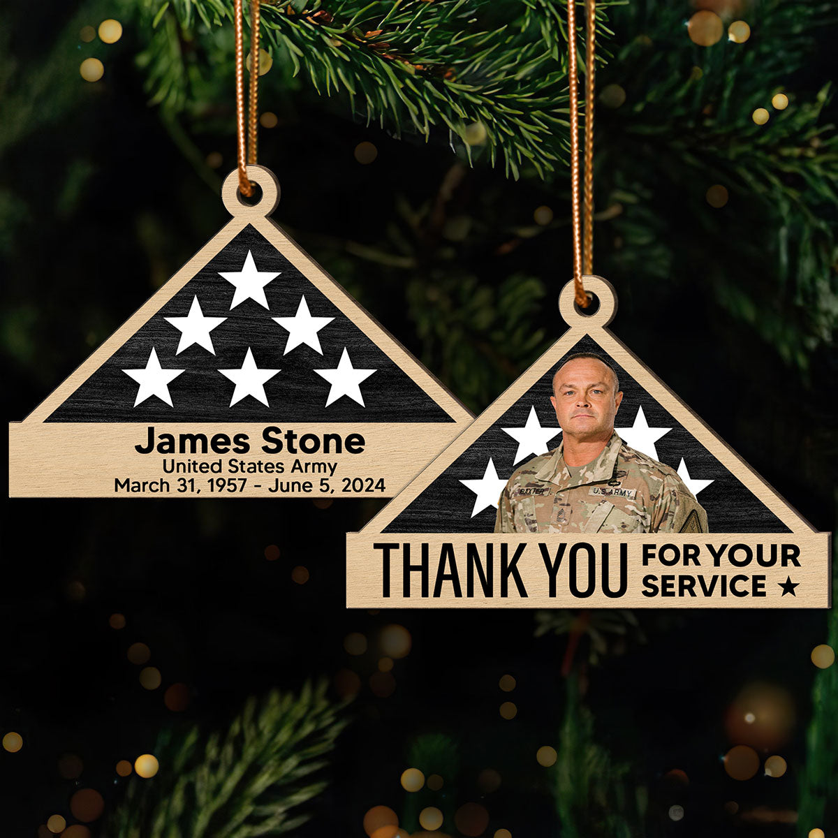 Memorial Honor Sympathy Gift Folded Flag Photo Inserted Personalized Double-Sided Wooden Ornament