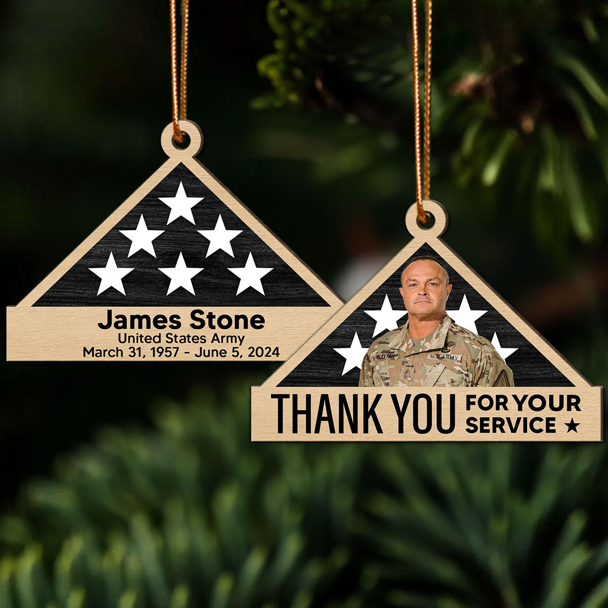 Memorial Honor Sympathy Gift Folded Flag Photo Inserted Personalized Double-Sided Wooden Ornament