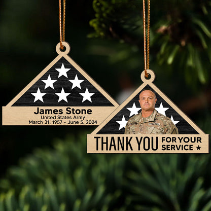 Memorial Honor Sympathy Gift Folded Flag Photo Inserted Personalized Double-Sided Wooden Ornament