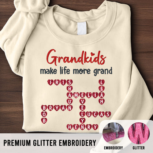Grandkids The Greatest Gifts Crossword Puzzle Art Personalized Glitter Embroidery Sweater, Heartfelt Gift For Grandma
