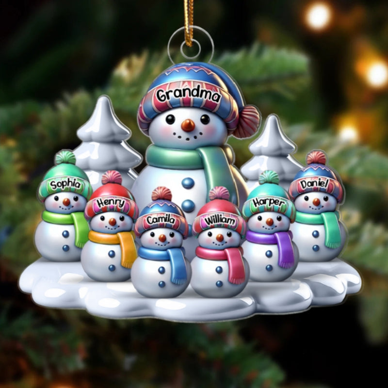 3D Effect Winter Grandma & Grandkids Snowmen Christmas Personalized Acrylic Ornament