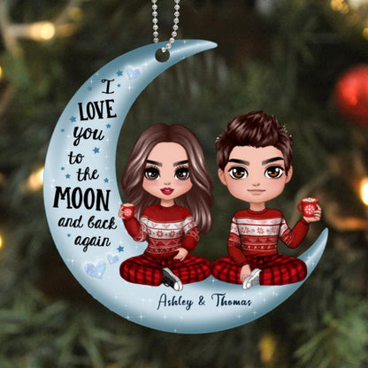 Love To The Moon Doll Couple On Moon Personalized Acrylic Ornament