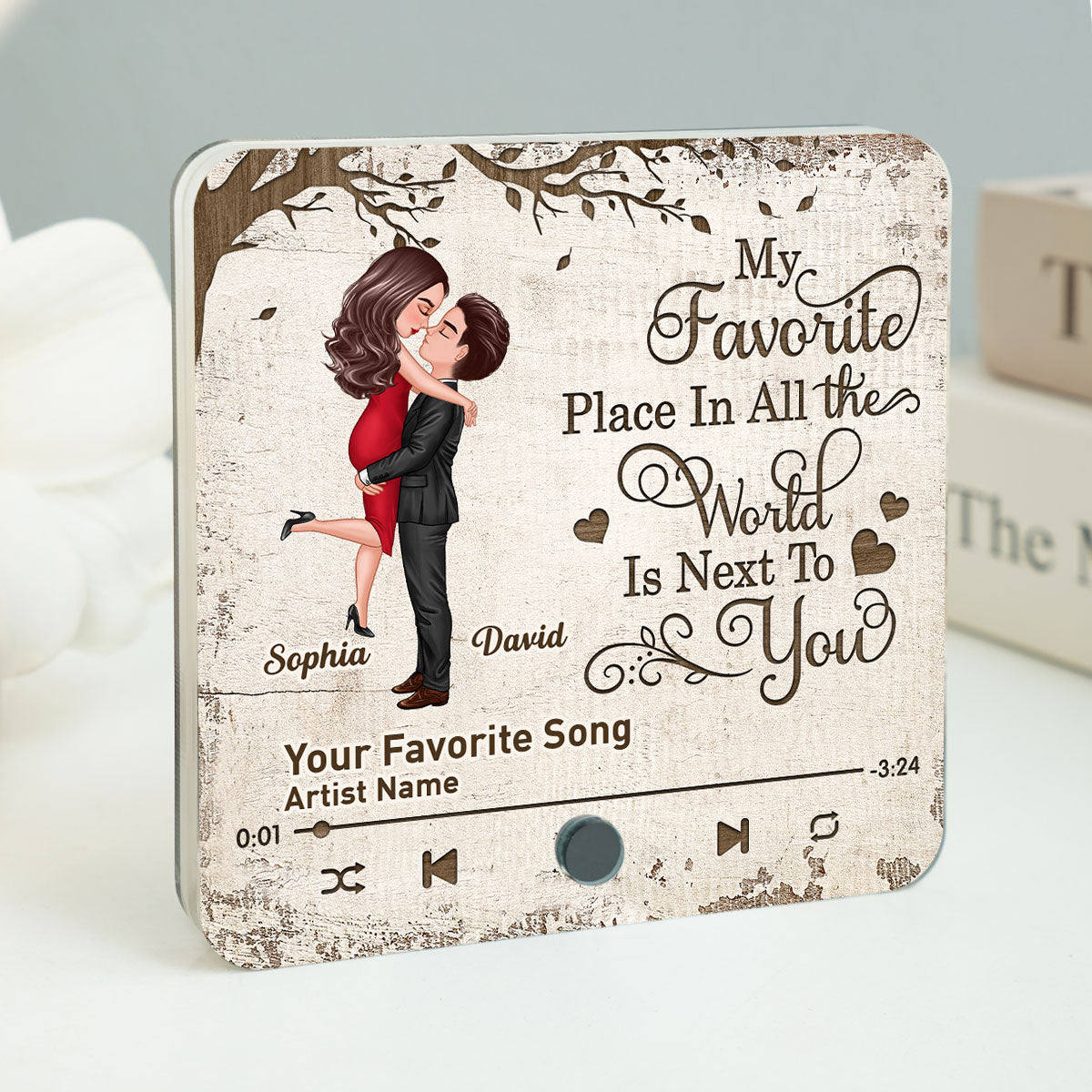 Favorite Place In The World Couple Hugging Kissing Personalized Music Fridge Magnet, Gift For Him, For Her, For Valentine's Day