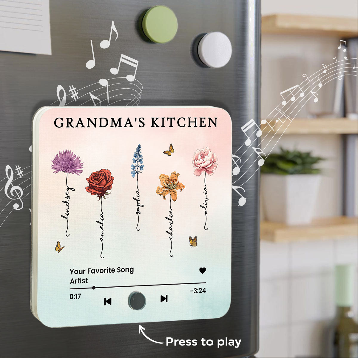 Grandma's Kitchen Birth Month Flower Personalized Music Fridge Magnet, Heartfelt Mother's Day Gift, Birthday Gift for Grandma