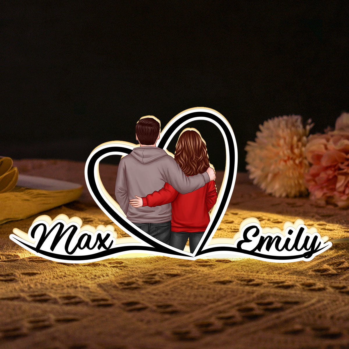 Couple Hugging Back View Heart Shape With Names Personalized Light Box, Anniversary Gift for Him for Her
