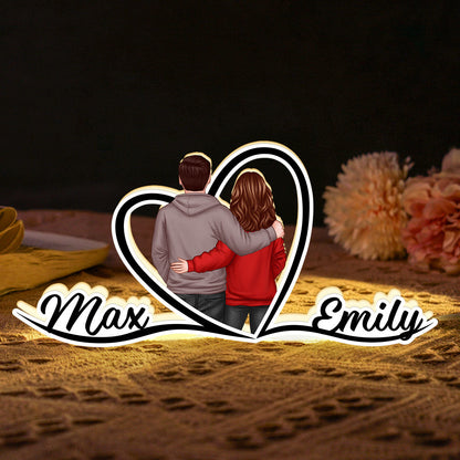 Couple Hugging Back View Heart Shape With Names Personalized Light Box, Anniversary Gift for Him for Her