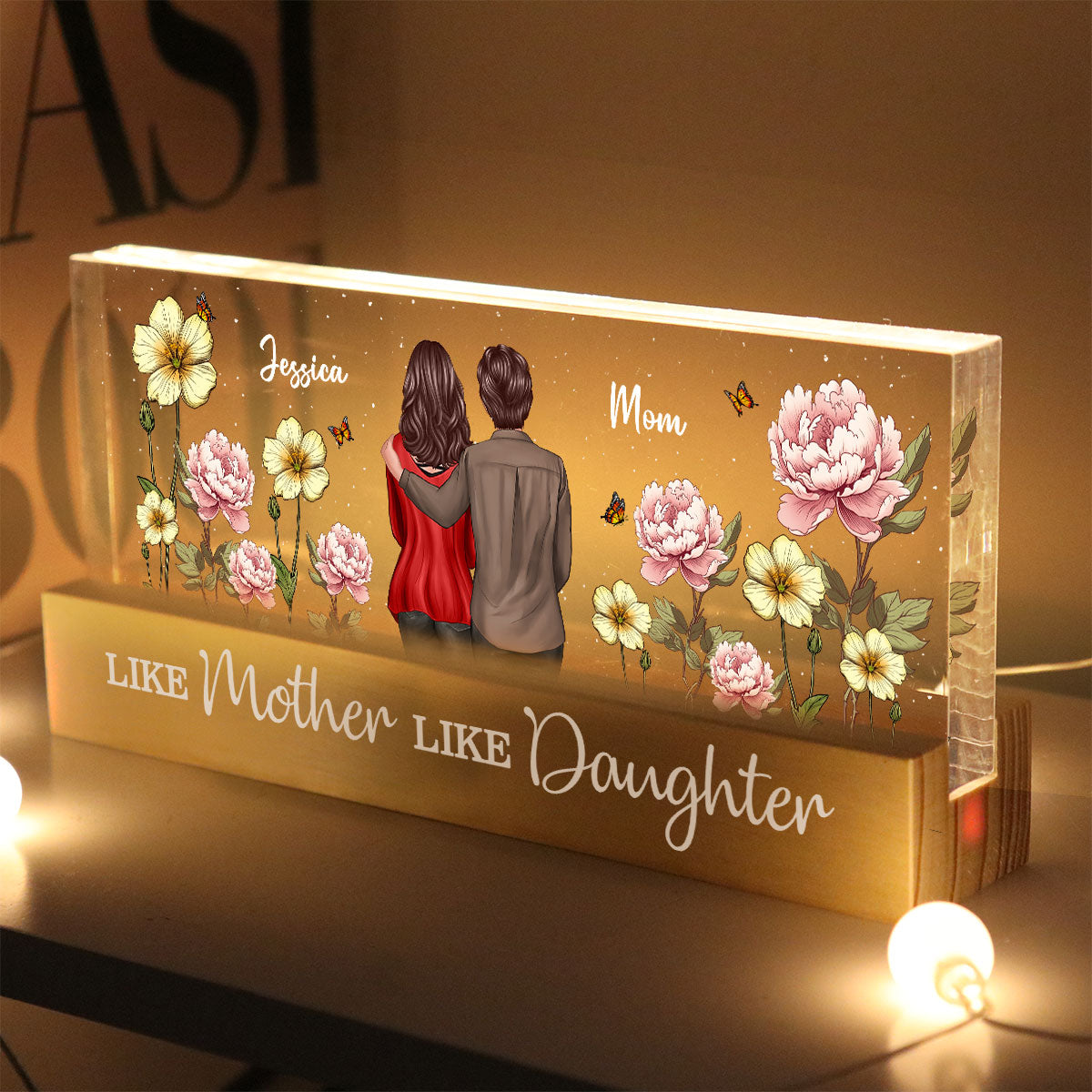 Like Mother Like Daughter Birth Month Flower Personalized Acrylic Block LED Night Light, Heartfelt Gift For Couple, For Him, For Her, Boyfriend, Girlfriend, Husband, Wife