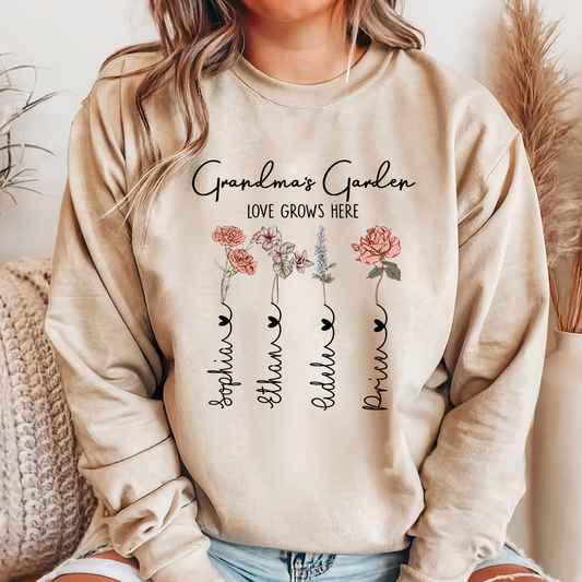 Grandma's Garden Custom Birth Flower Sweatshirt – Personalized Gift for Grandma, Love Grows Here