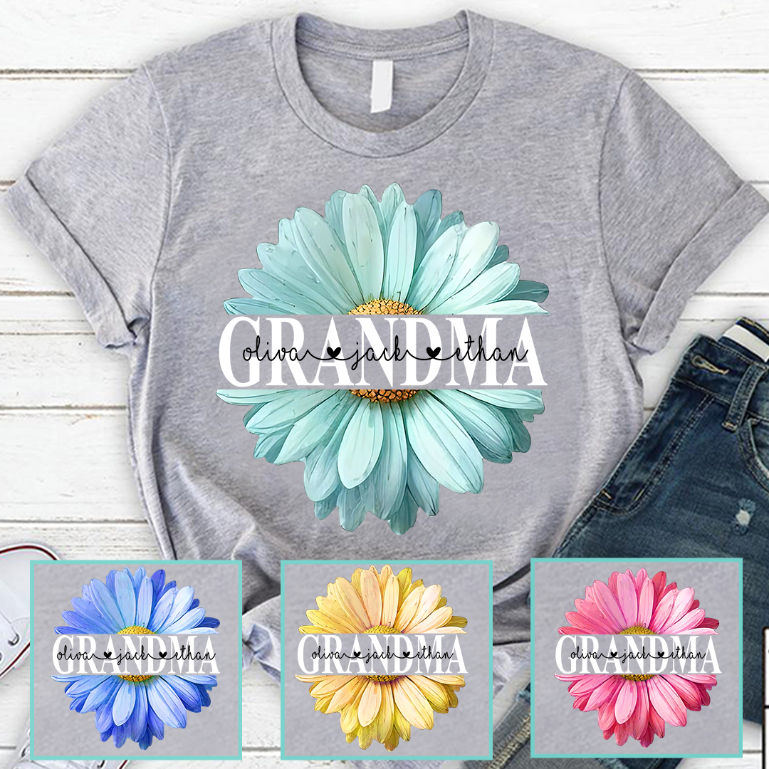 Grandma Flower Daisy Color And Grandkids T-Shirt